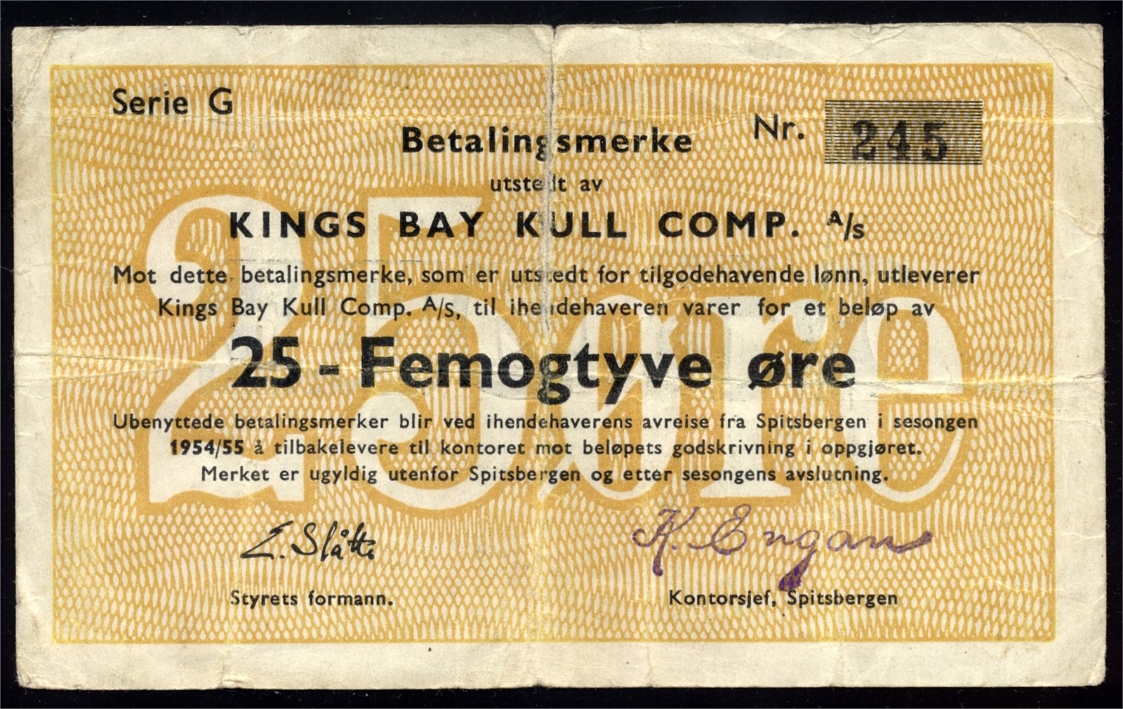 KINGS BAY. 25 Øre 1954/55 G245 Kv 2 (VG)