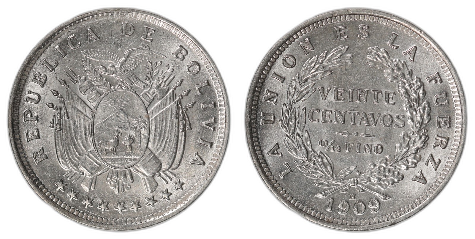 BOLIVIA. Republic. 20 Centavos. 1909-H. UNC.