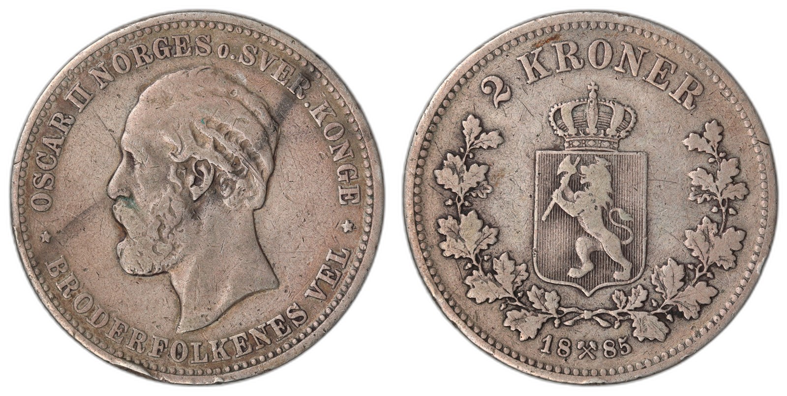 NORWAY. Oscar II. 2 Kroner 1885. Kv 1 (VF).