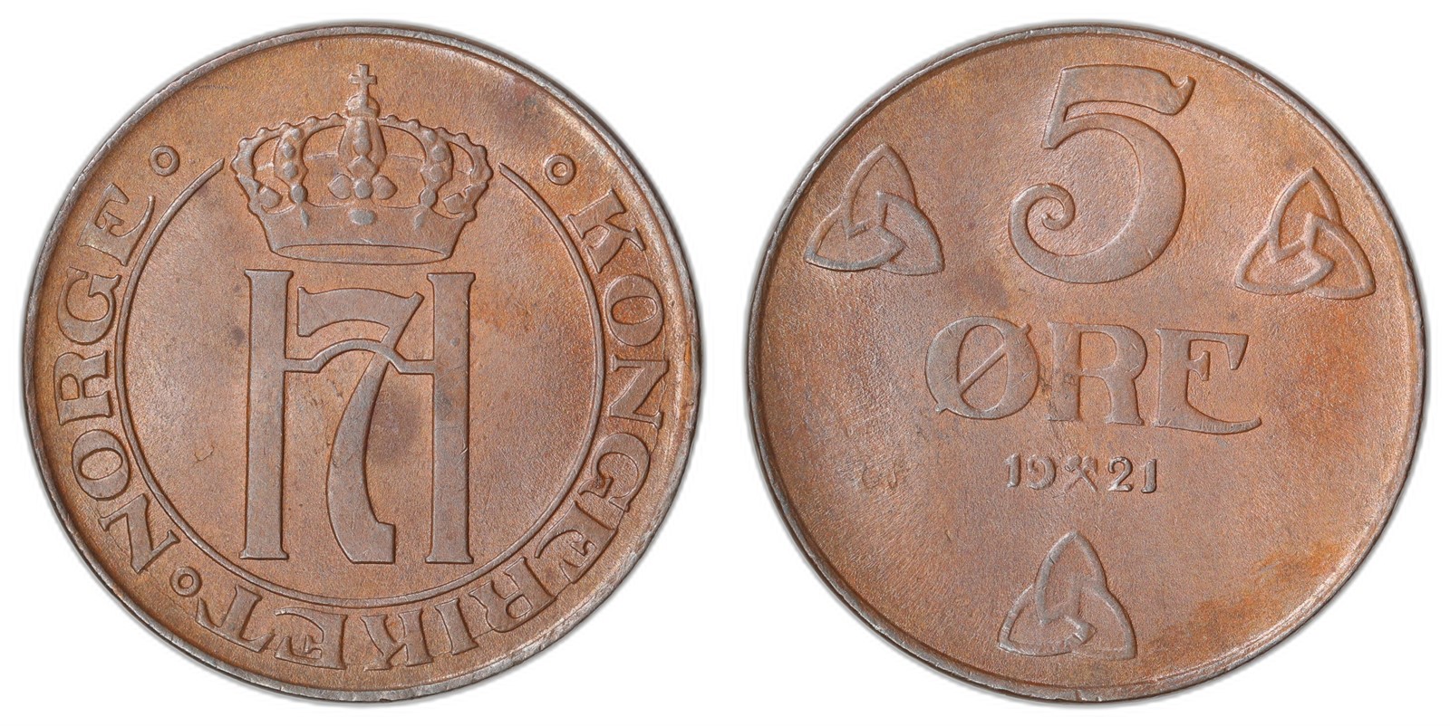 NORWAY. Haakon VII. 5 Øre 1921. Kv 0 (UNC).