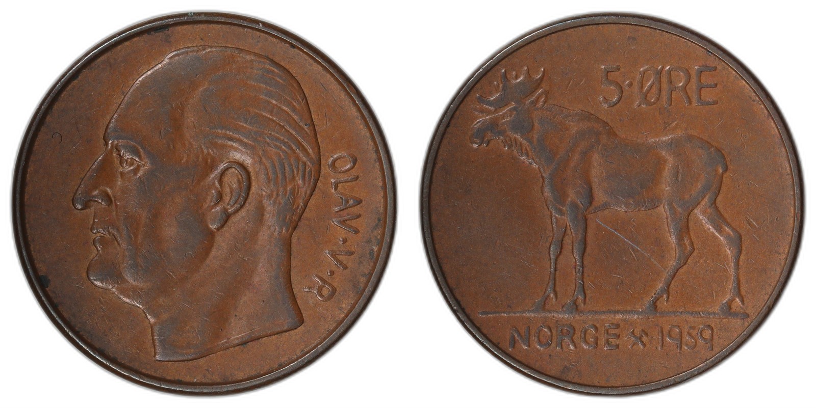NORWAY. Olav V. 5 Øre 1959. Portrett fra Prøvemynt. Kv 1+(XF).
