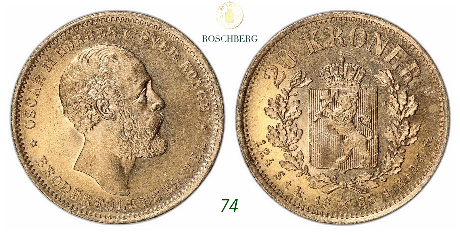 NORWAY. Oscar II. 20 Kroner Gold 1886.