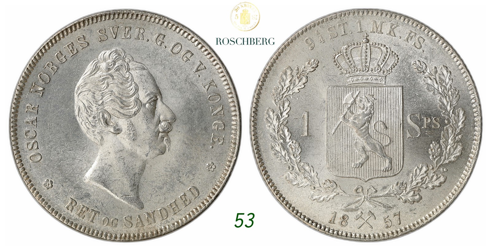 NORWAY. Oscar I. 1 Speciedaler 1857.