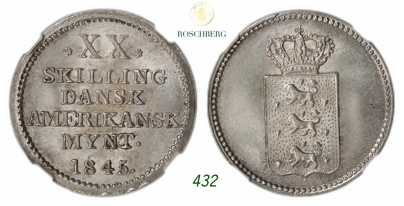 DENMARK, Danish West Indies. Frederik VII. XX Skilling 1845.