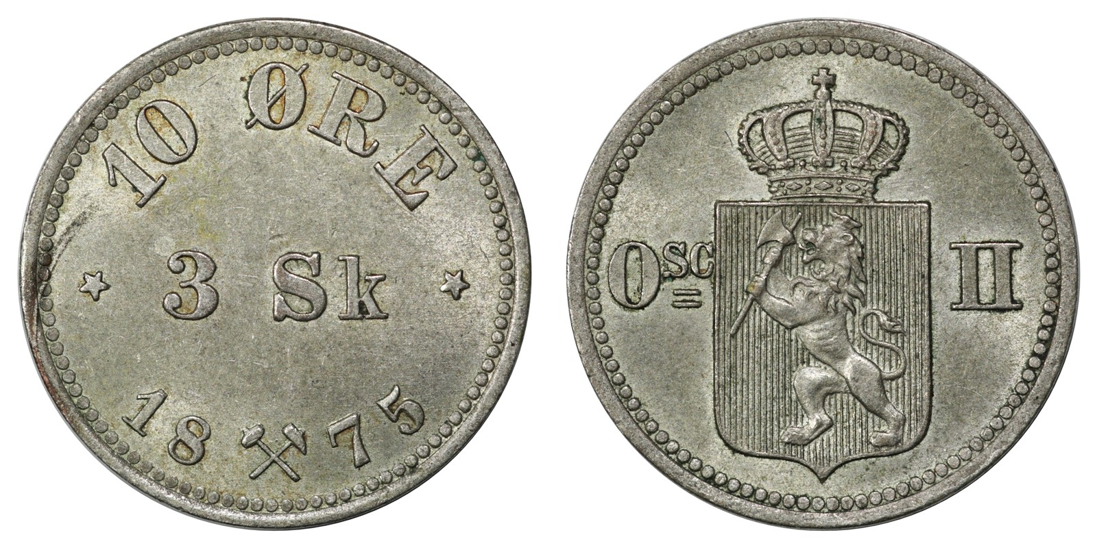 10 Øre / 3 Sk. 1875 Kv 0/01