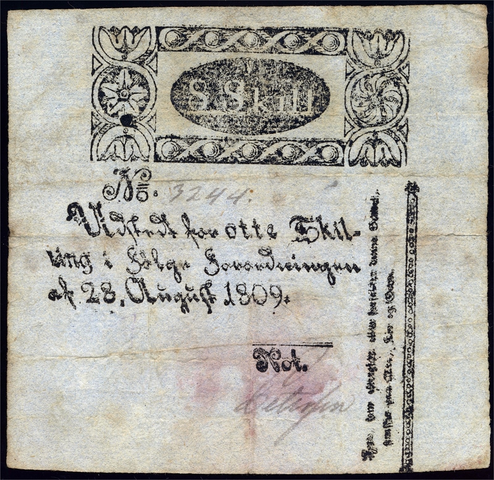 8 Skilling 1809 uten litra. Kv 1/1+ (VF).