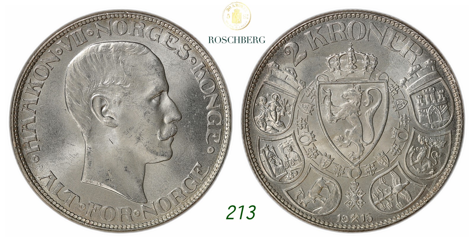 NORWAY. Haakon VII. 2 Kroner 1915.