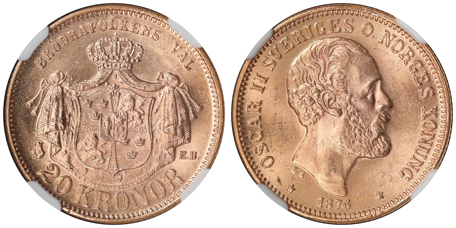 SWEDEN. Oscar II. 20 Kronor. 1876-EB. MS62.
