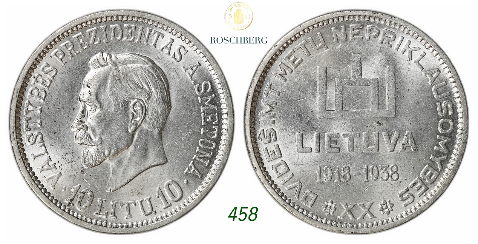 LITHUANIA. Republic. 10 Litu 1938.