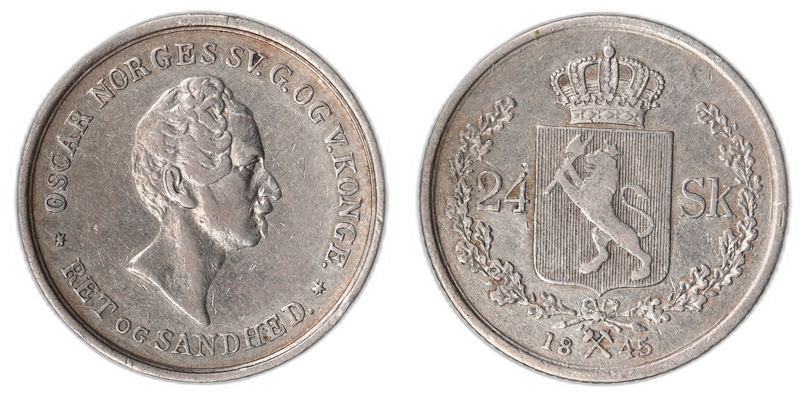 NORWAY. Oscar I. 24 Skilling. 1845. Kv 1 (VF).