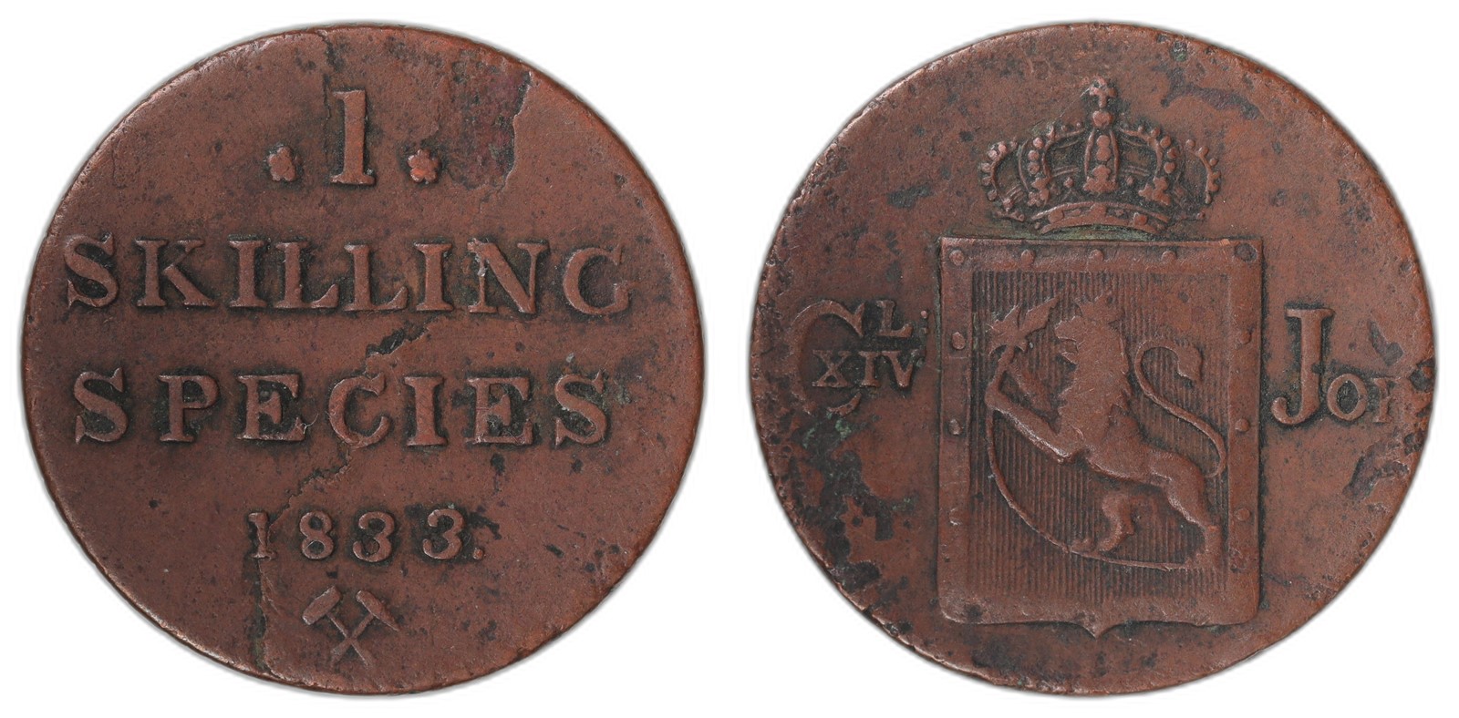 NORWAY. Carl XIV Johan. 1 Skilling 1833. Kv 1 (VF).