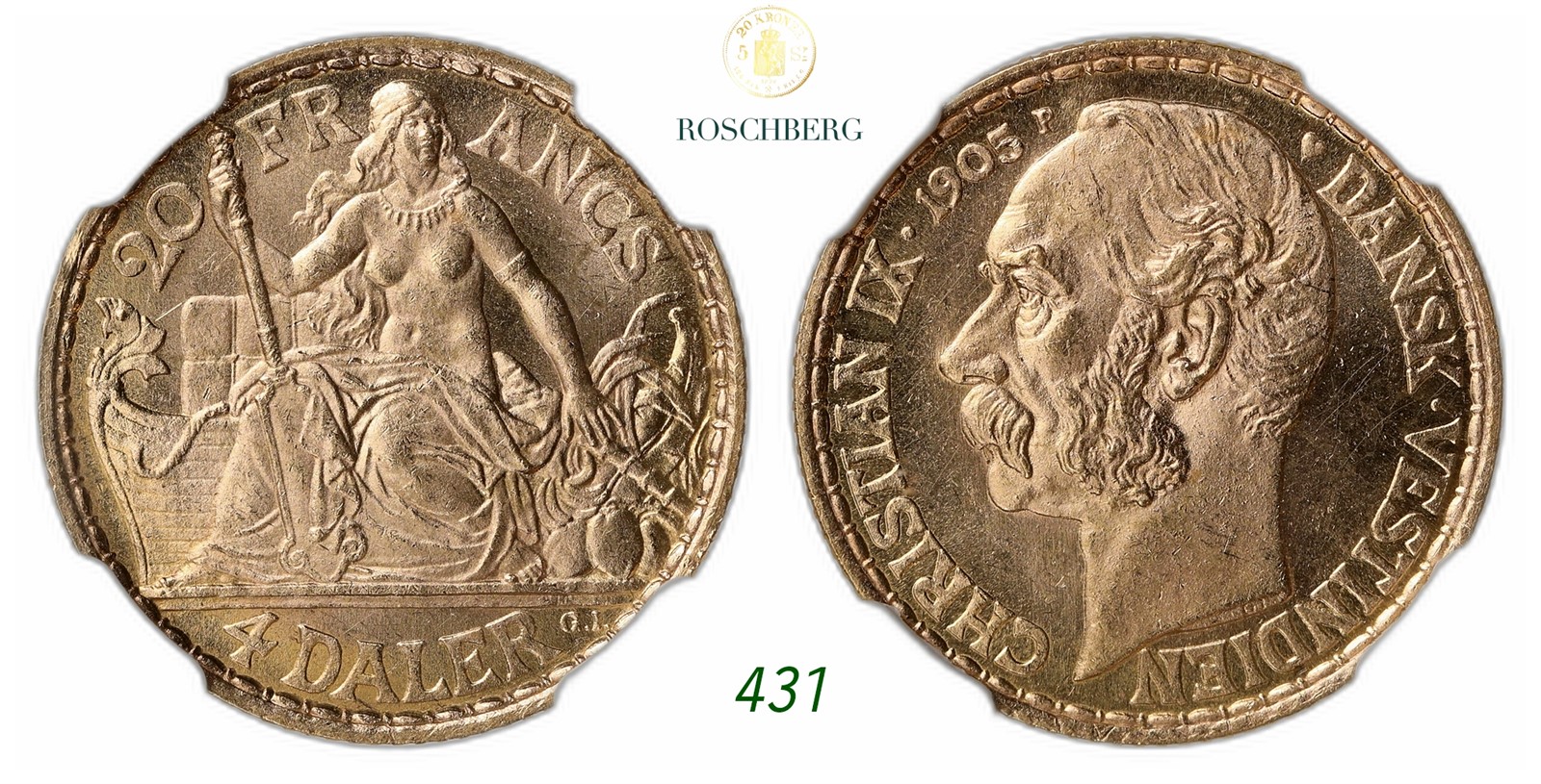 DENMARK, Danish West Indies. Christian IX. 4 Daler / 20 Fr Gold 1905-P.