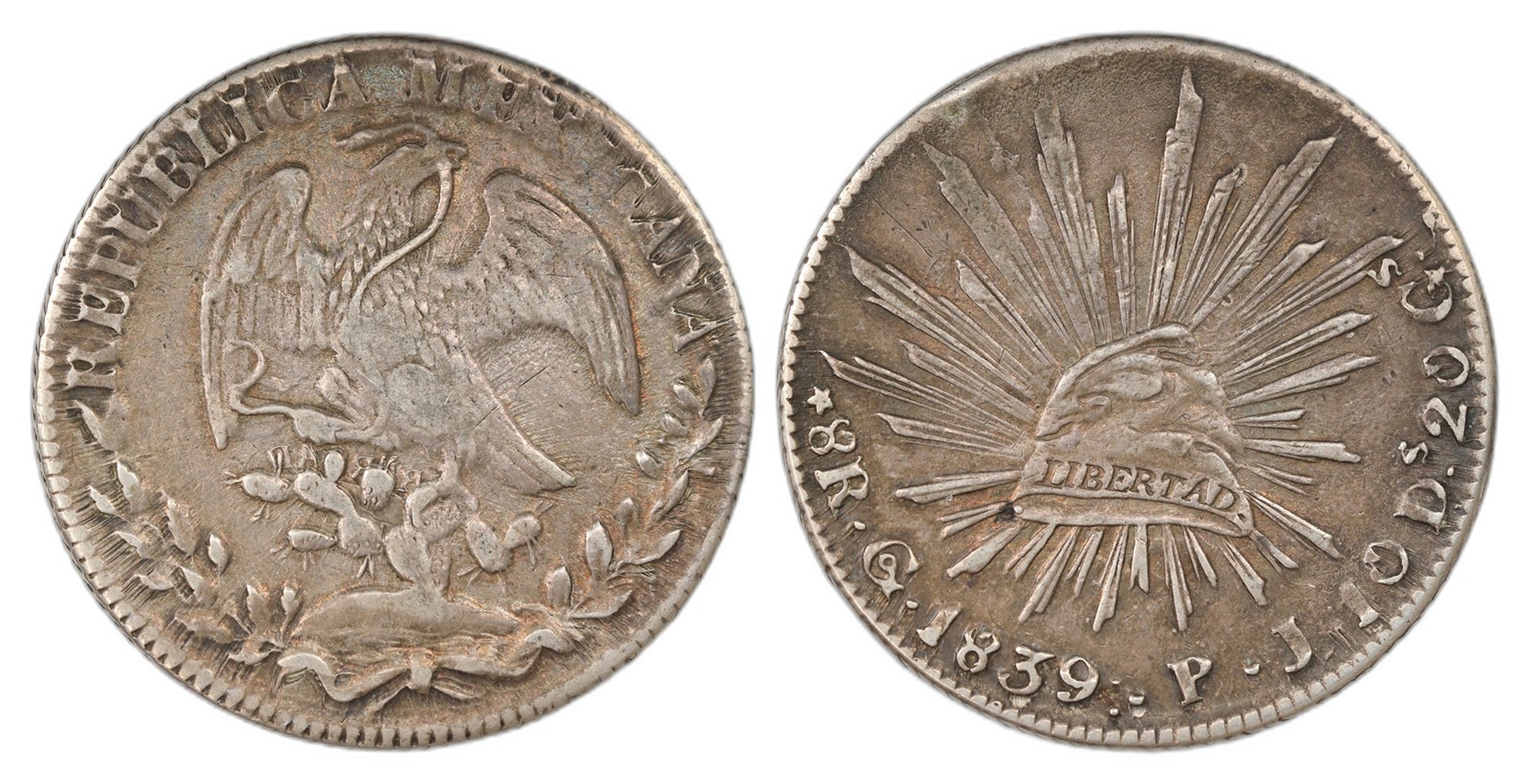 Mexico. Republic. 8 Reales 1839- Go P J. Kv XF.