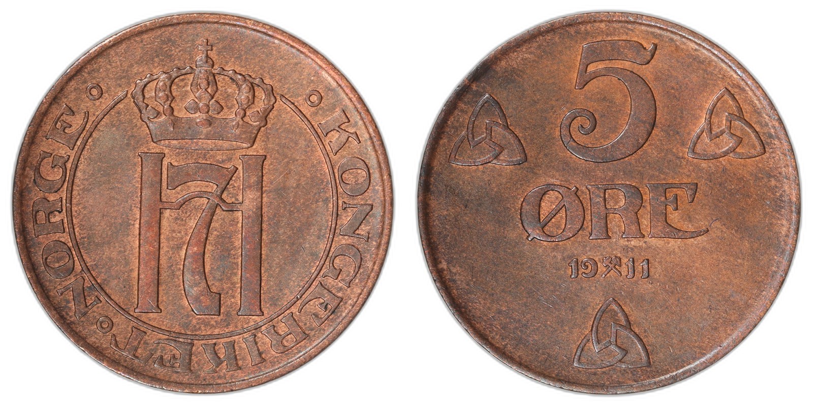 NORWAY. Haakon VII. 5 Øre 1911. Kv 0/01 (UNC).