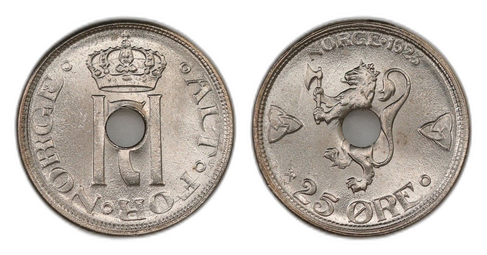 Norway. Haakon VII. 25 Øre 1923- Centre Hole. Kv 0.