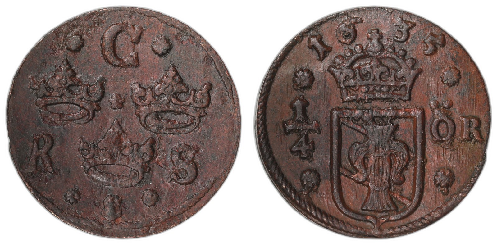 SWEDEN. Christina. 1/4 Ör. 1635. 01 (UNC).