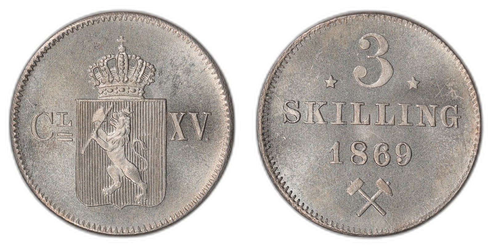 NORWAY. Carl XV. 3 Skilling 1869. Stj. Kv 0 (UNC).