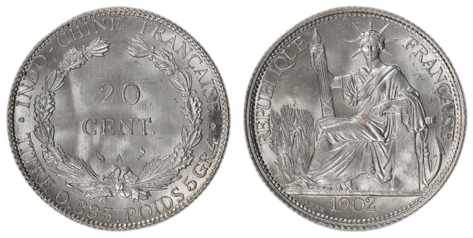 FRENCH INDO-CHINA. Republic. 20 Centimes. 1902-A. UNC.