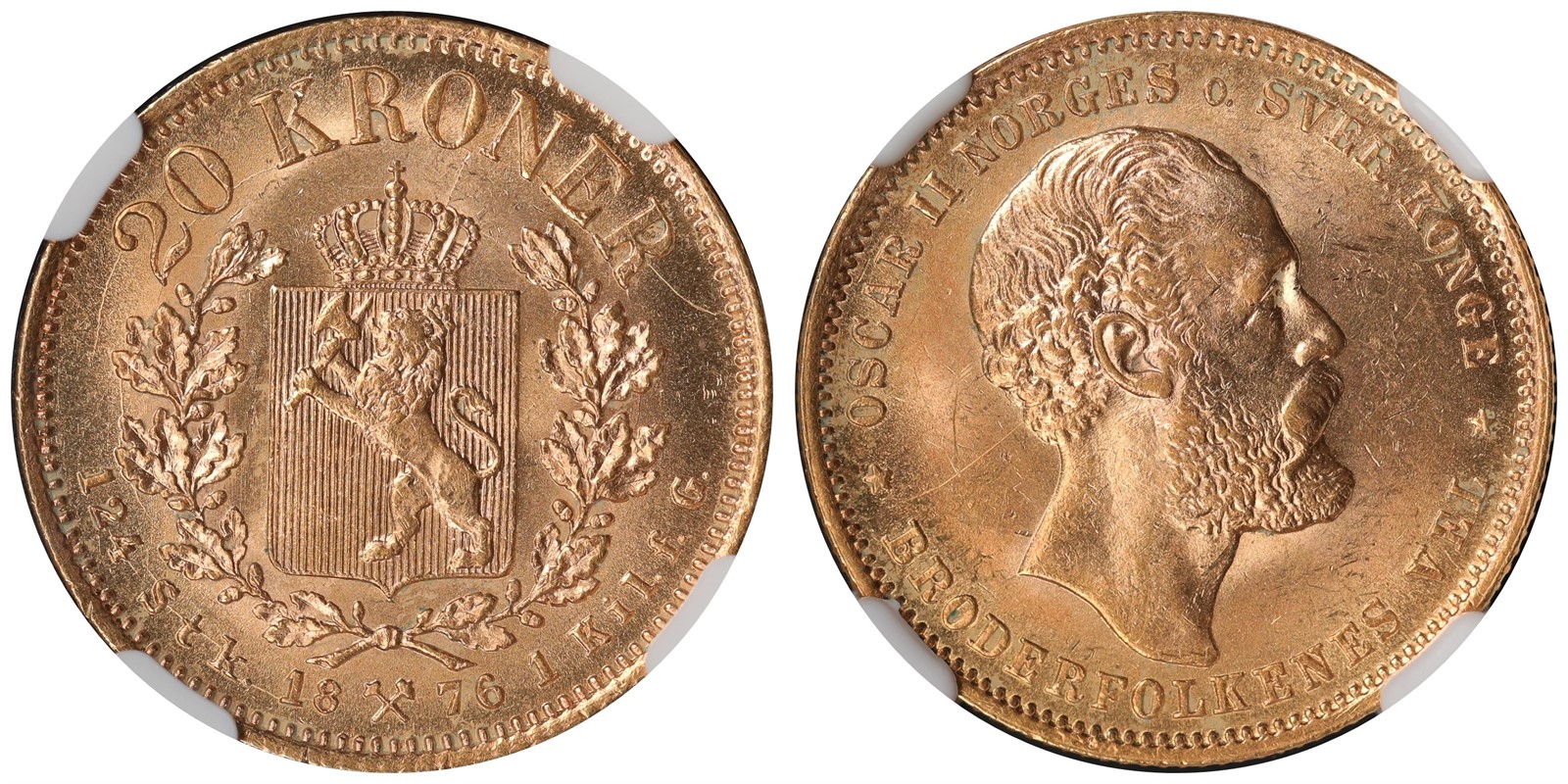 NORWAY. Oscar II. 20 Kroner 1876. NGC MS62.