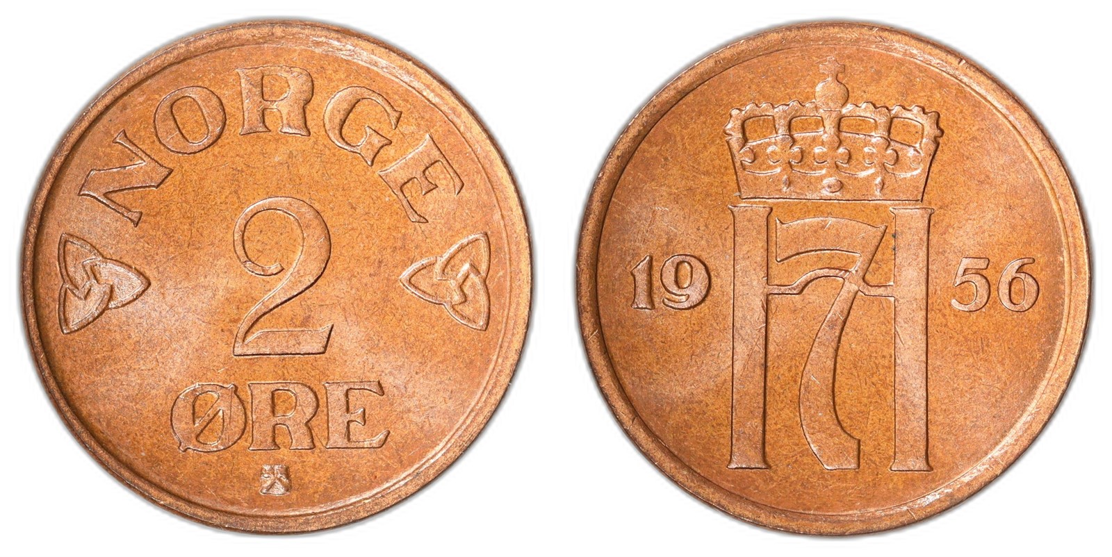 NORWAY. Haakon VII. 2 Øre. 1956. PRAKTEX.