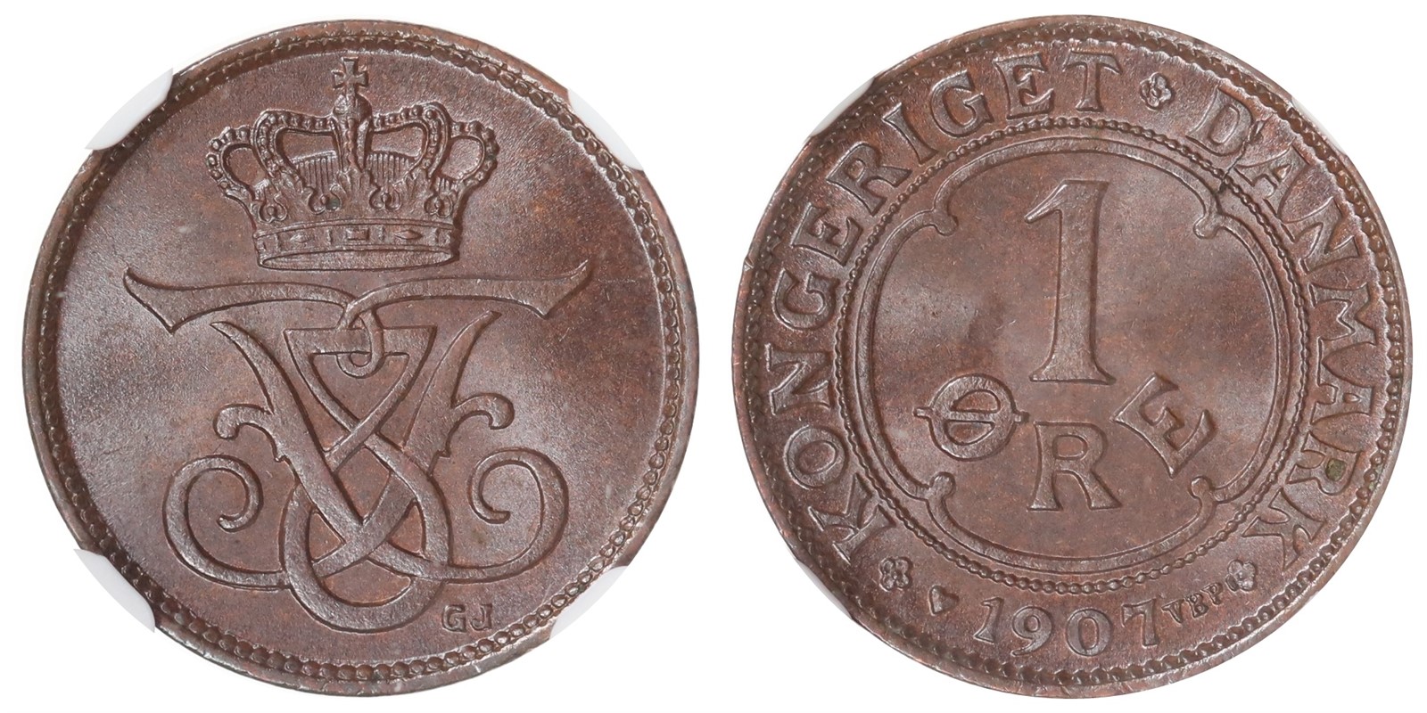 DENMARK. Frederik VIII. 1 øre. 1907. NGC MS65BN.