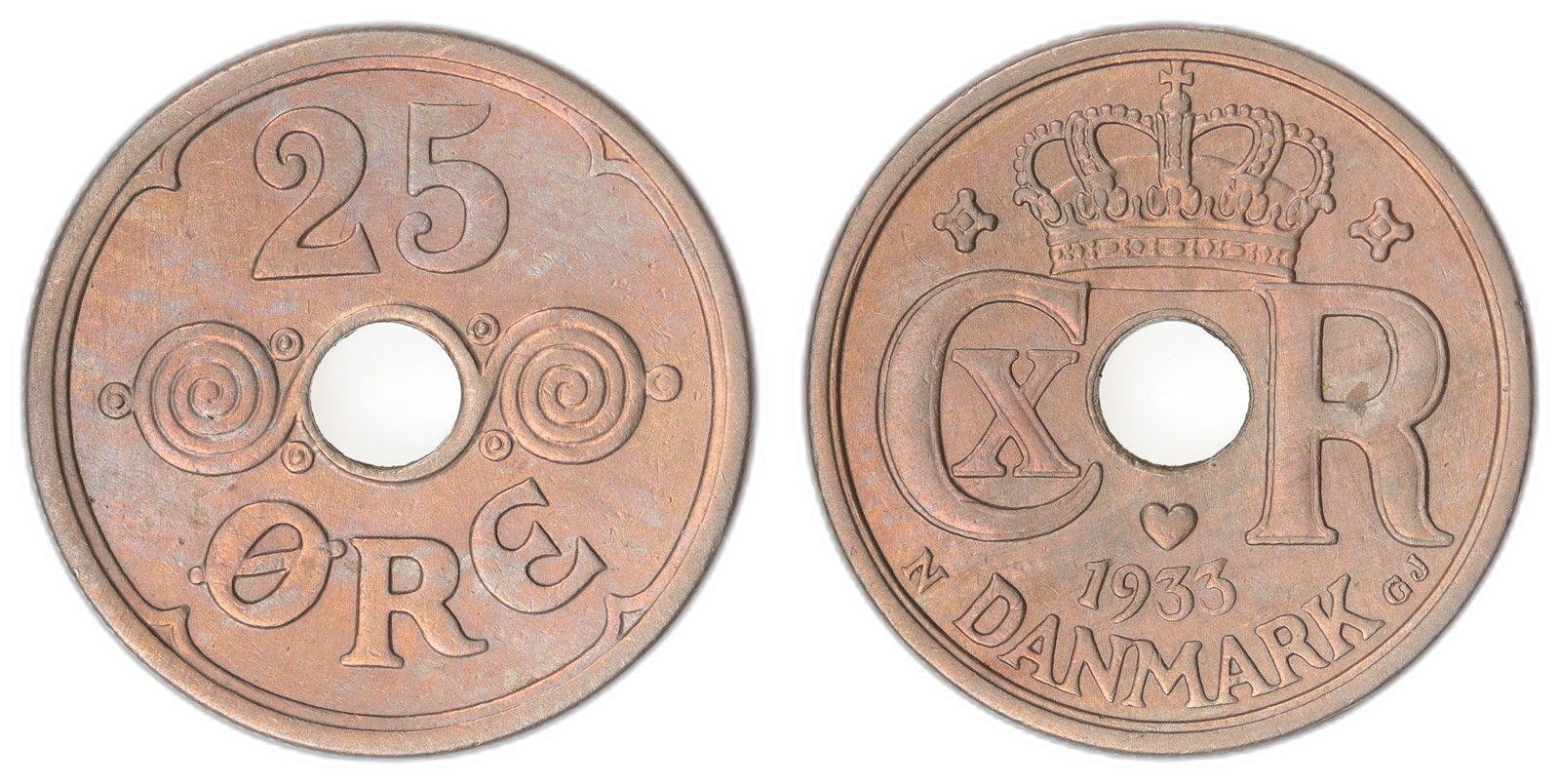 DENMARK. Christian X. 25 Øre. 1933-N. Kv 01 (UNC).