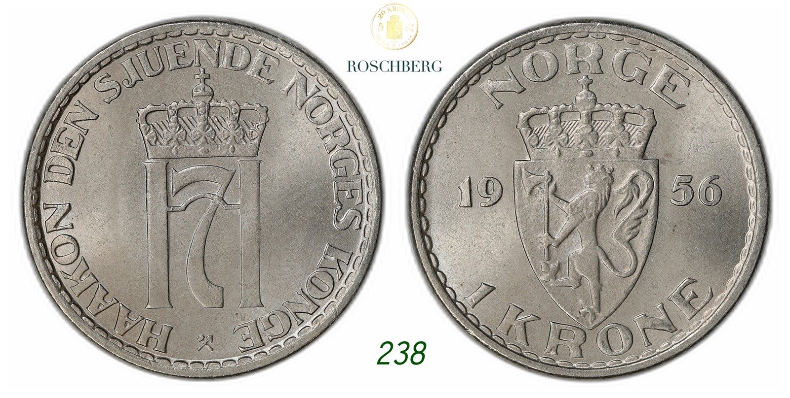 NORWAY. Haakon VII. 1 Krone 1956.