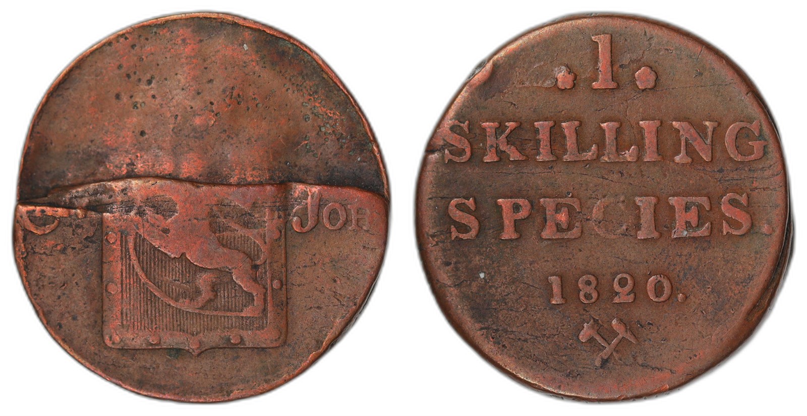 NORWAY. Carl XIV Johan. 1 Skilling 1820. SPLIT PLANCHET. Kv 1+ (VF).