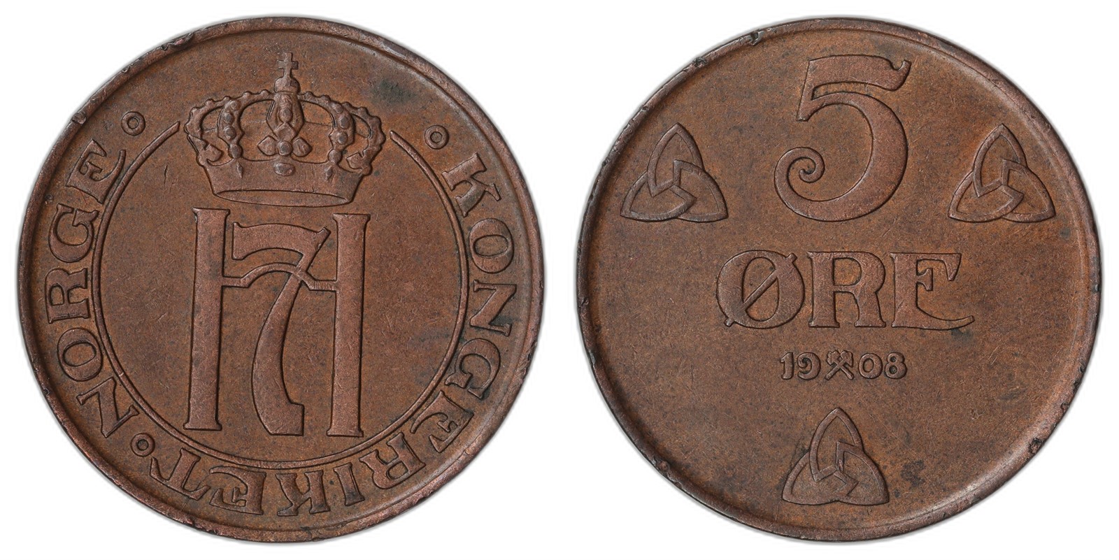 NORWAY. Haakon VII. 5 Øre 1908. Kv 01 (AU).