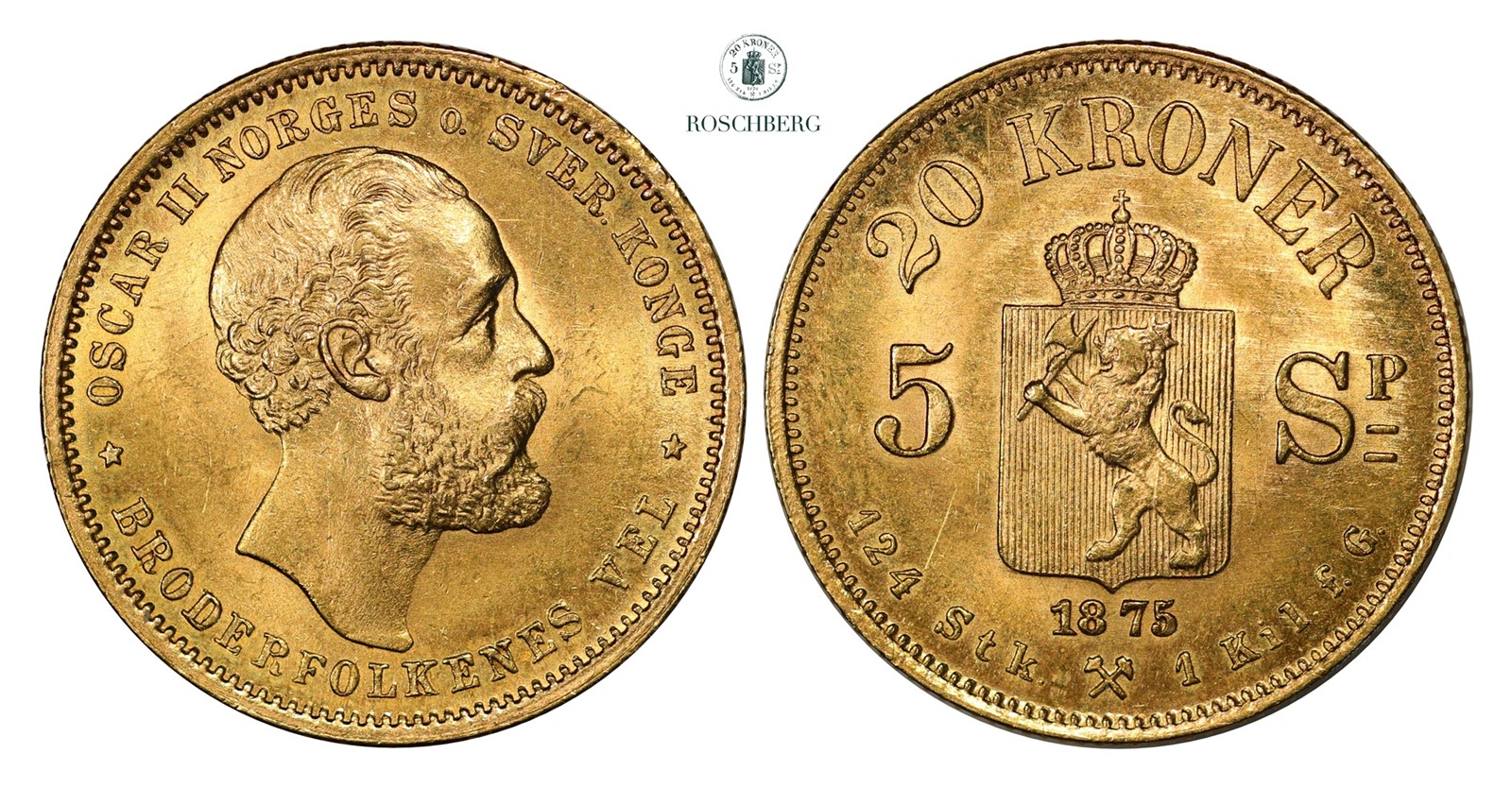 20 Kroner / 5 Sp. 1875 Kv 0/01 (UNC)