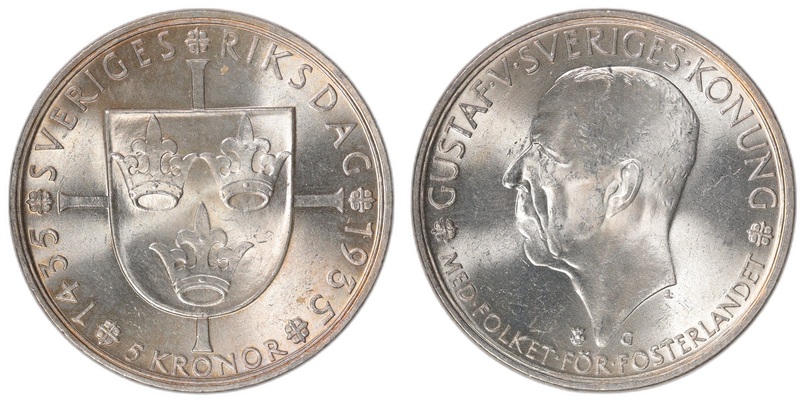 SWEDEN. Gustav v. 5 Kronor. 1935. Kv 0 (UNC).