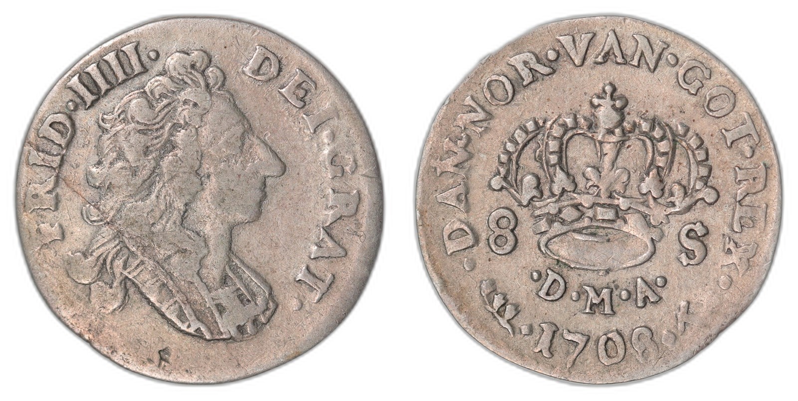 NORWAY. Fredrik IV. 8 Skilling 1708. Kv 1+ (XF).