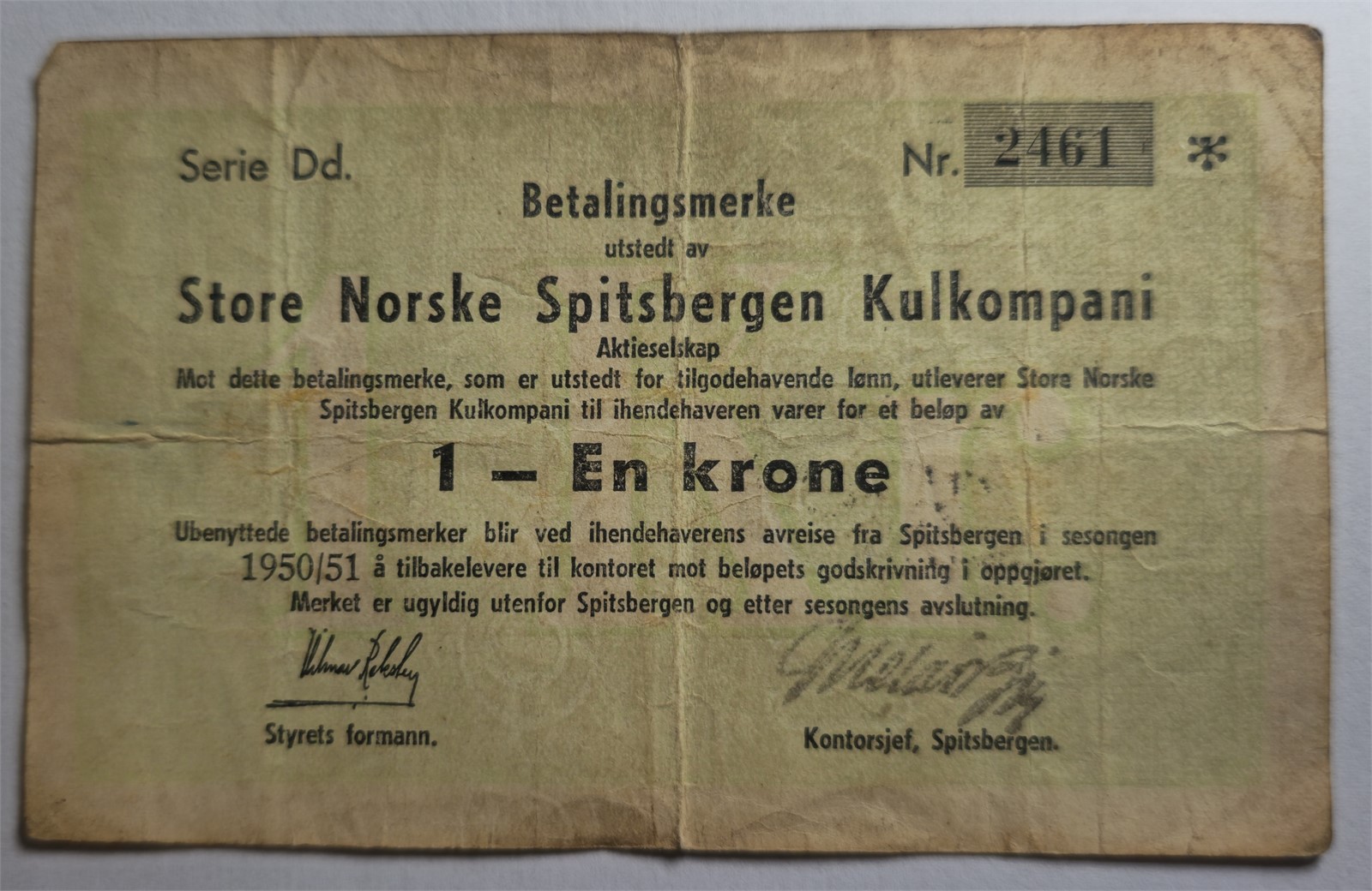 STORE NORSKE SPITSBERGEN KULKOMPANI. 1 Krone 1950/51. Kv 1- (F).