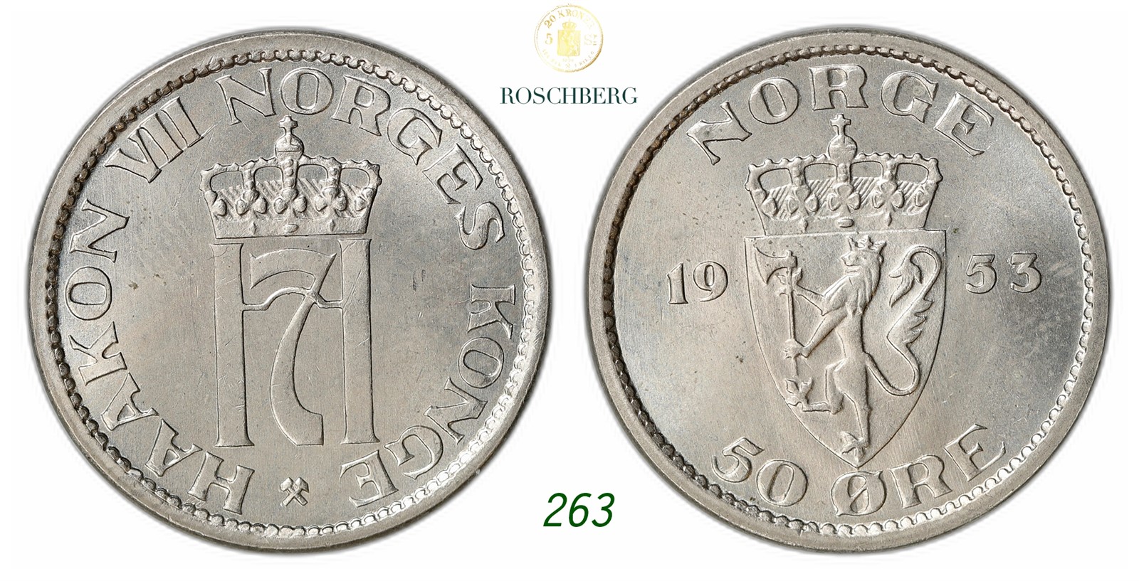 NORWAY. Haakon VII. 50 Øre 1953- Bred.