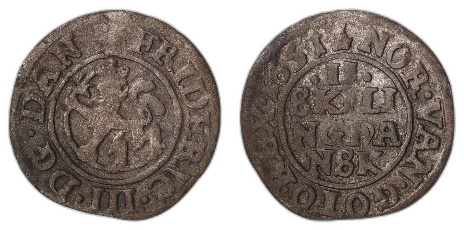 NORWAY. Frederik III. 2 Skilling. 1651. Kv 1 (VF).