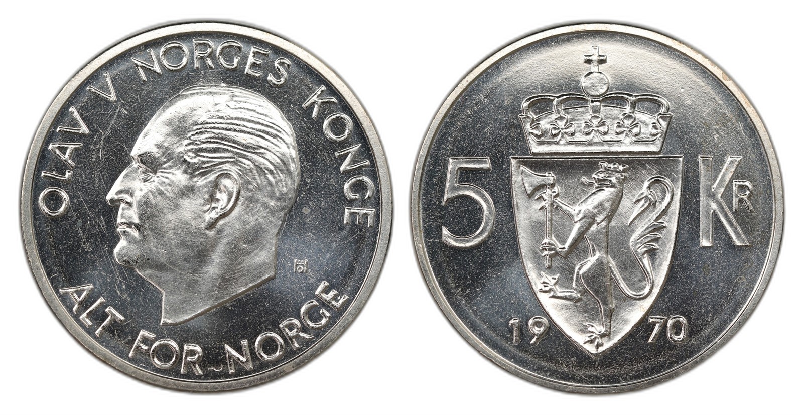 Norway. Olav V. 5 Kroner 1970. Kv PRAKTEX.