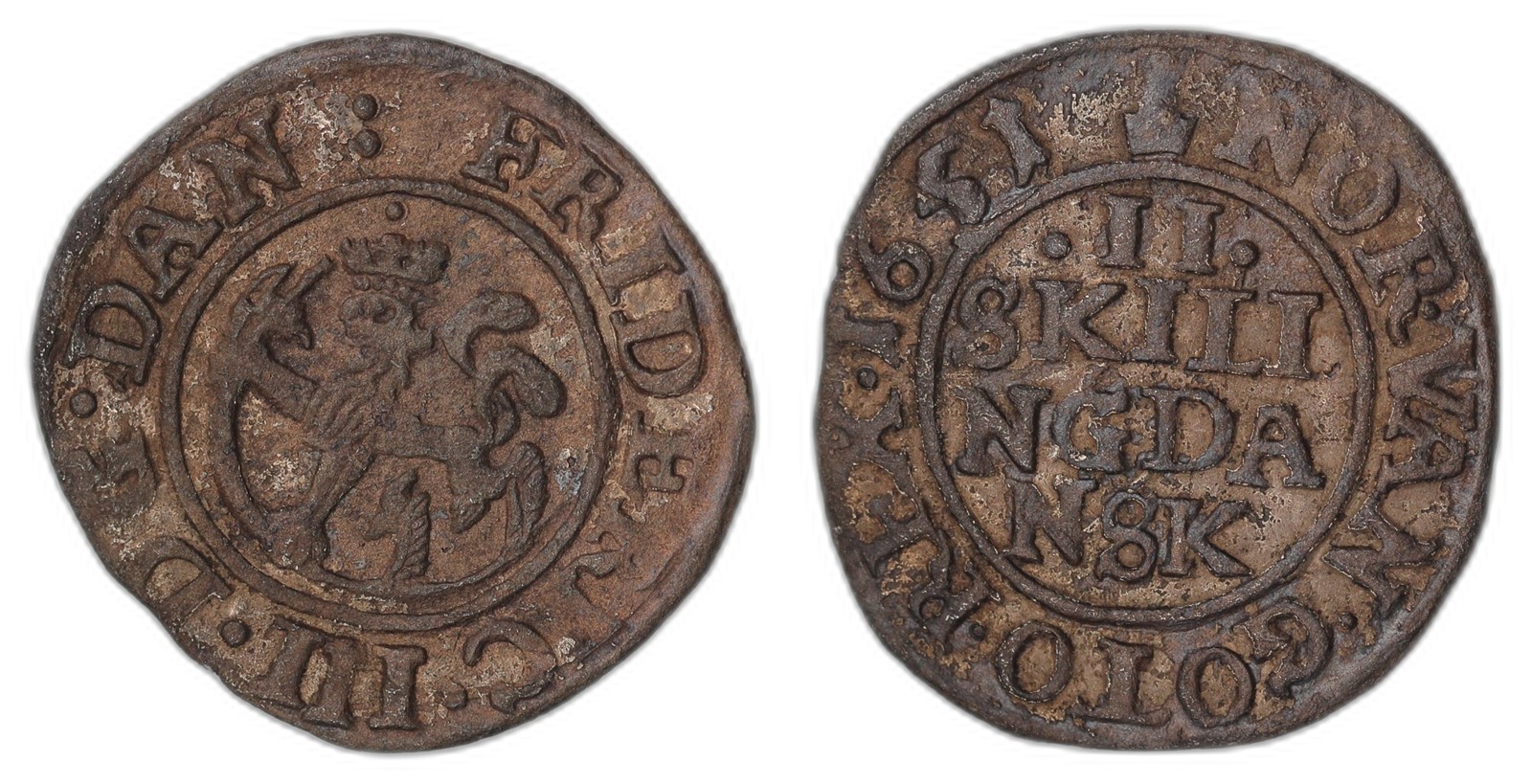 NORWAY. Fredrik III. 2 Skilling 1651. Kv 1+/01 (AU).