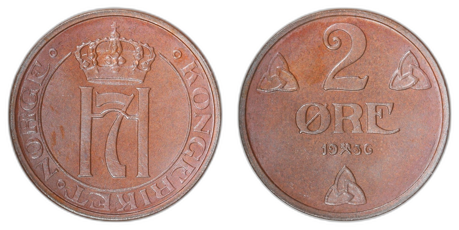 NORWAY. Haakon VII. 2 Øre 1936. Kv 0 (UNC).
