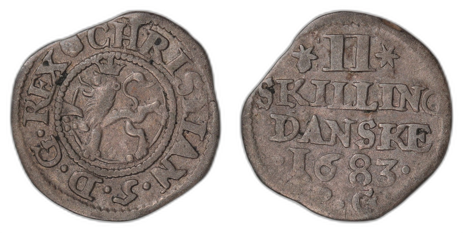 NORWAY. Christian V. 2 Skilling 1683-PG. Kv 1+ (VF).