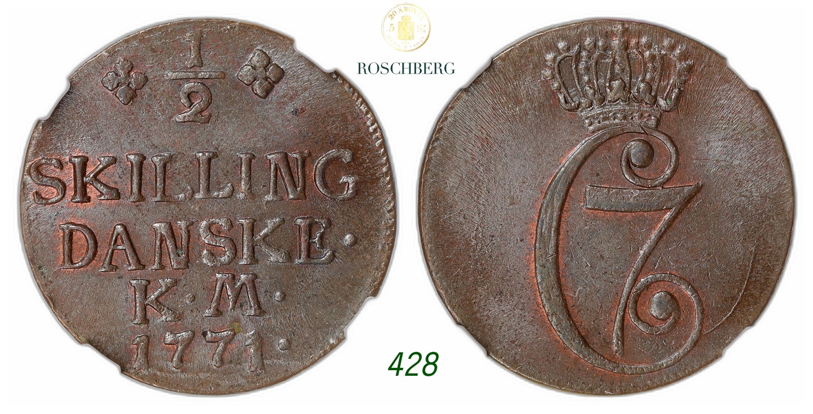DENMARK. Christian VII. 1/2 Skilling 1771-KM.