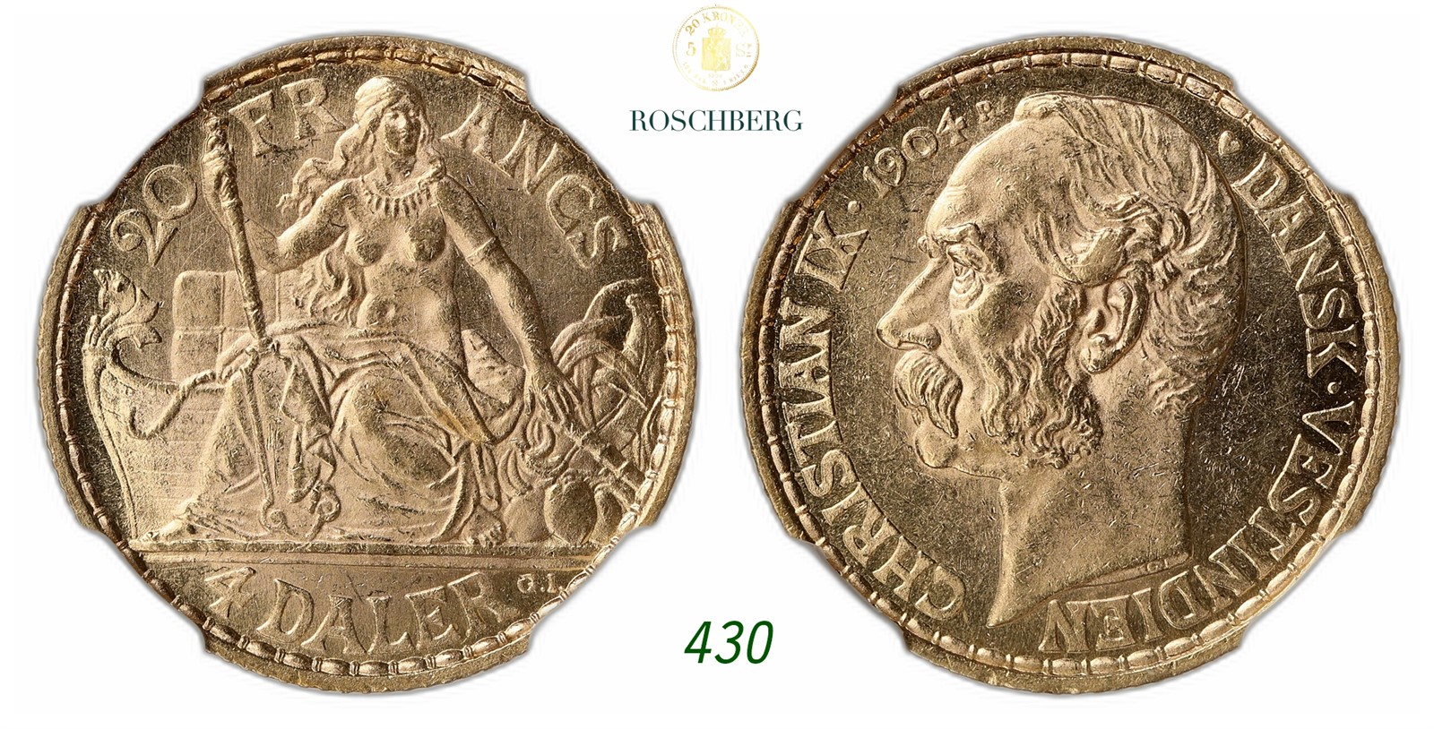 DENMARK, Danish West Indies. Christian IX. 4 Daler / 20 Fr Gold 1904-P.