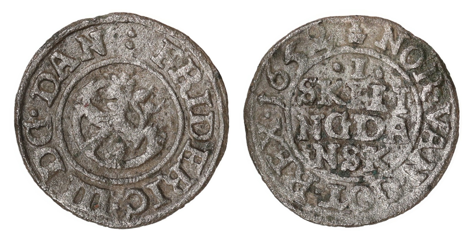 NORWAY. Frederik III. 1 Skilling. 1652. Kv 1+ (XF).