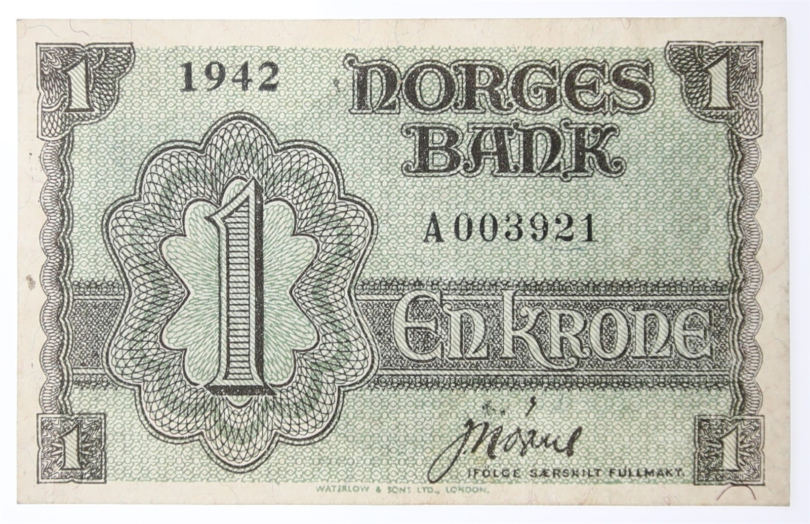 NORWAY. Type London. 1 Krone 1942-A. Kv 1+ (XF).