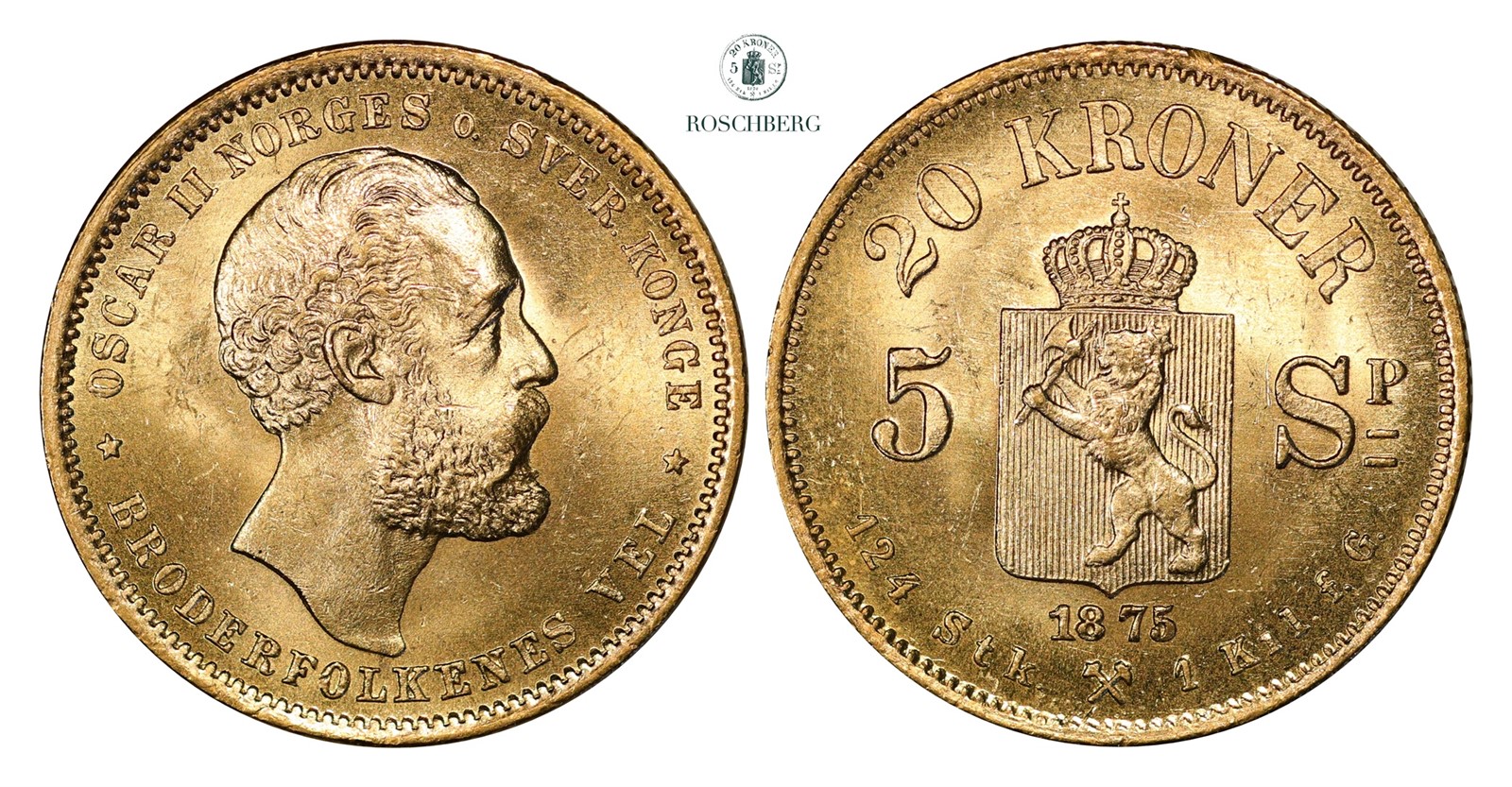 20 Kroner / 5 Sp. 1875 Kv 0/01 (UNC)