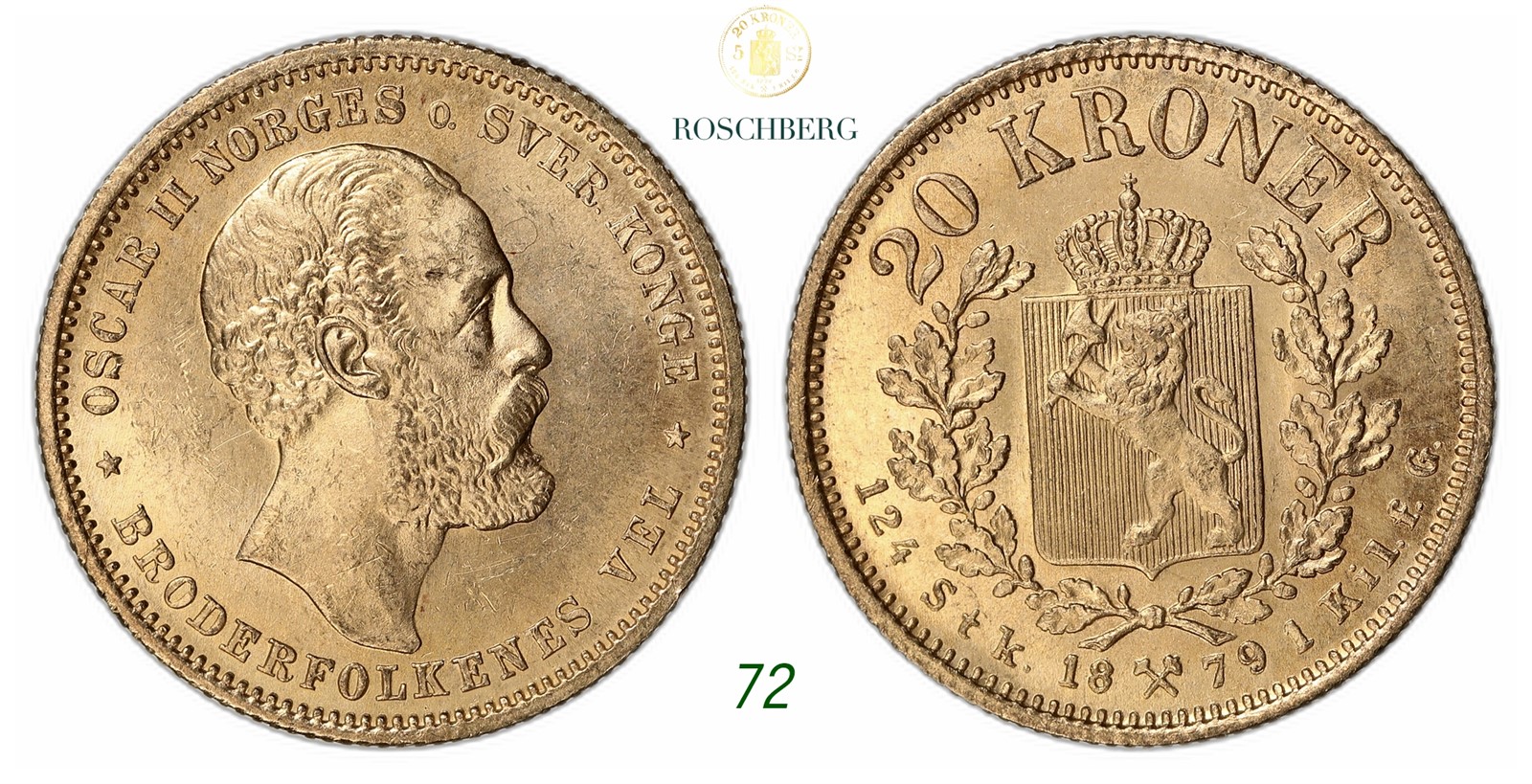 NORWAY. Oscar II. 20 Kroner Gold 1879.