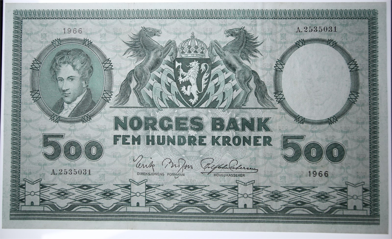 NORWAY. Type 4. 500 Kroner 1966-A. Kv 1 (VF).