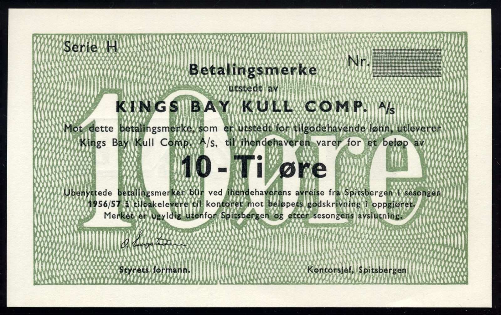 KINGS BAY. 10 Øre 1956/57 Blankett/remainder Kv 0- (UNC)