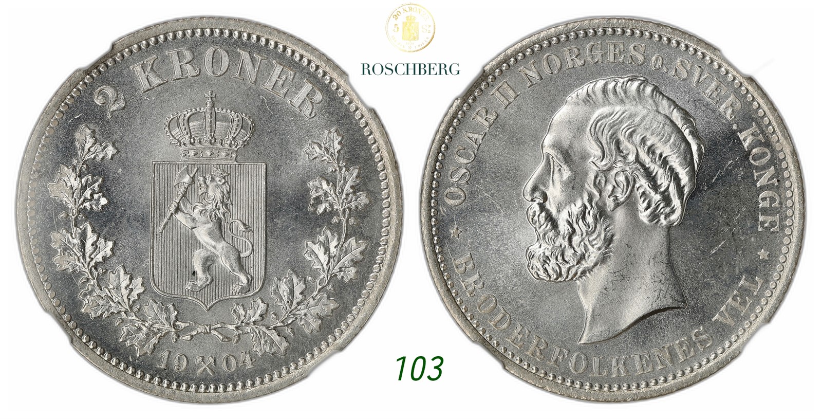 NORWAY. Oscar II. 2 Kroner 1904.