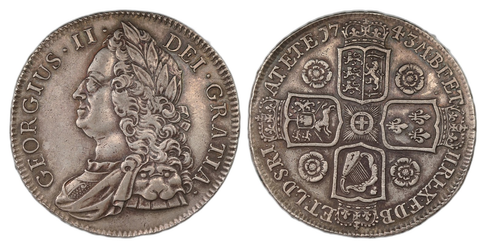 Great Britain. George II. Crown 1743- D Septimo. Kv XF.