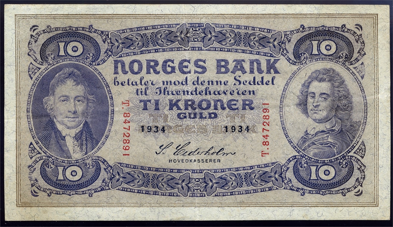 10 Kroner 1934-T. Kv 1/1+ (VF).